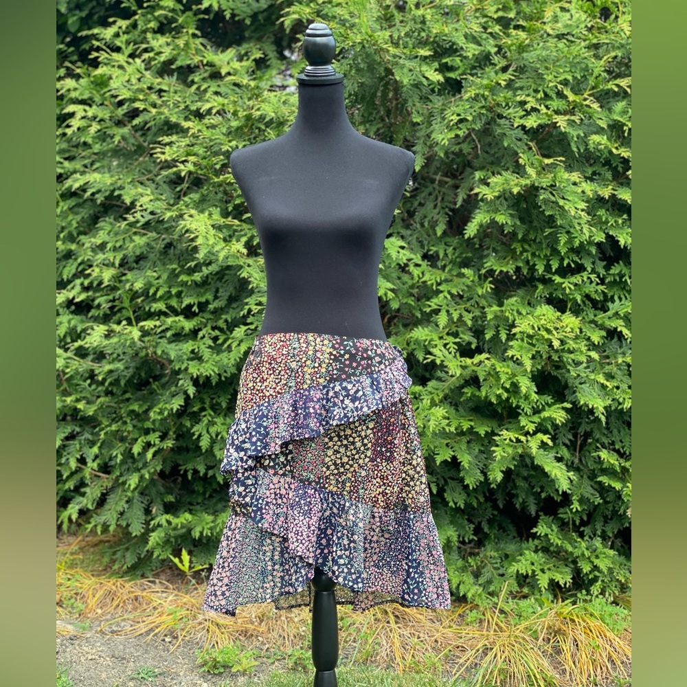 Asymmetrical Multi-Print Floral Skirt Black, pink, yellow, green - Large